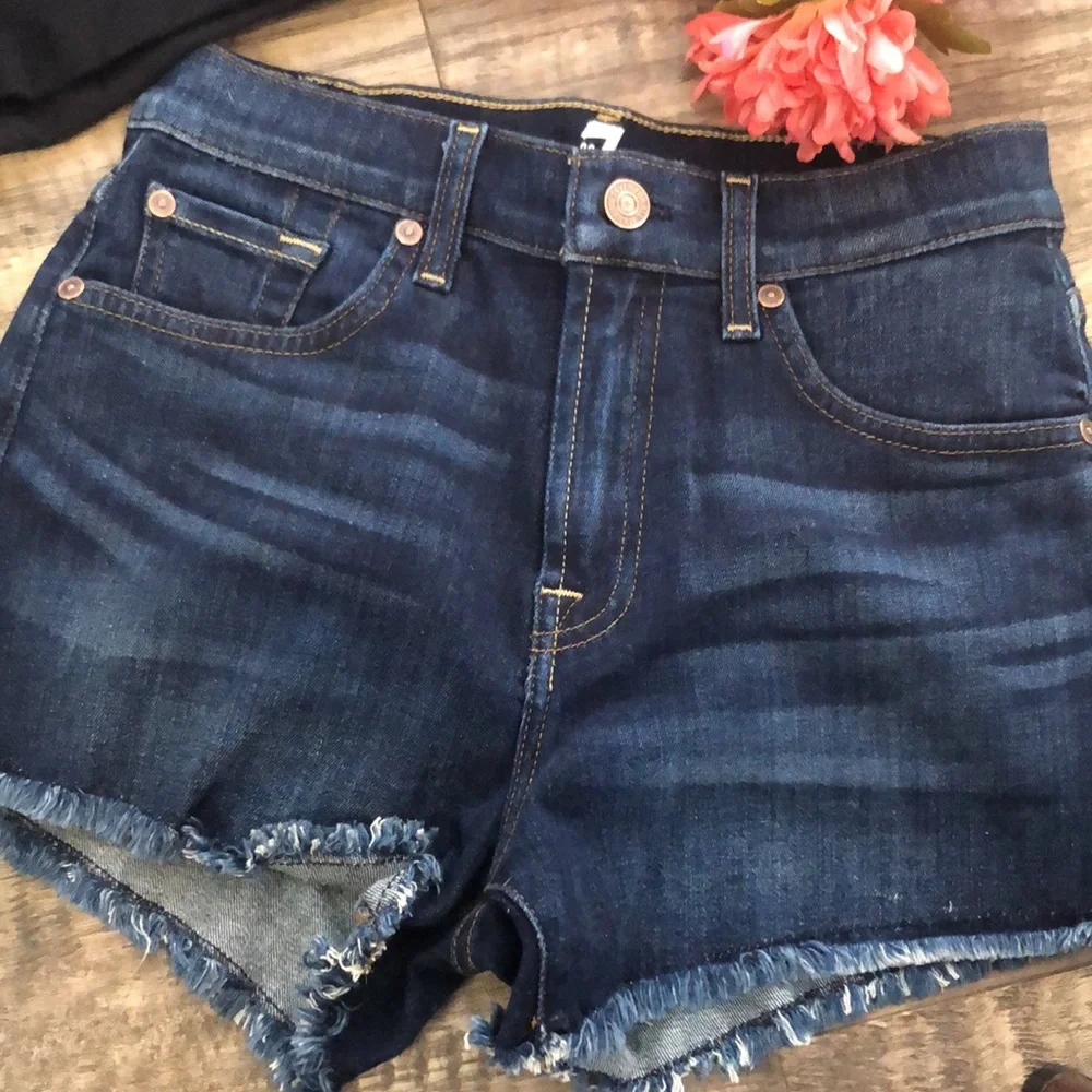 7 FOR ALL MANKIND sz 2 denim shorts w/ fringe & LOFT rust short sleeve lace top